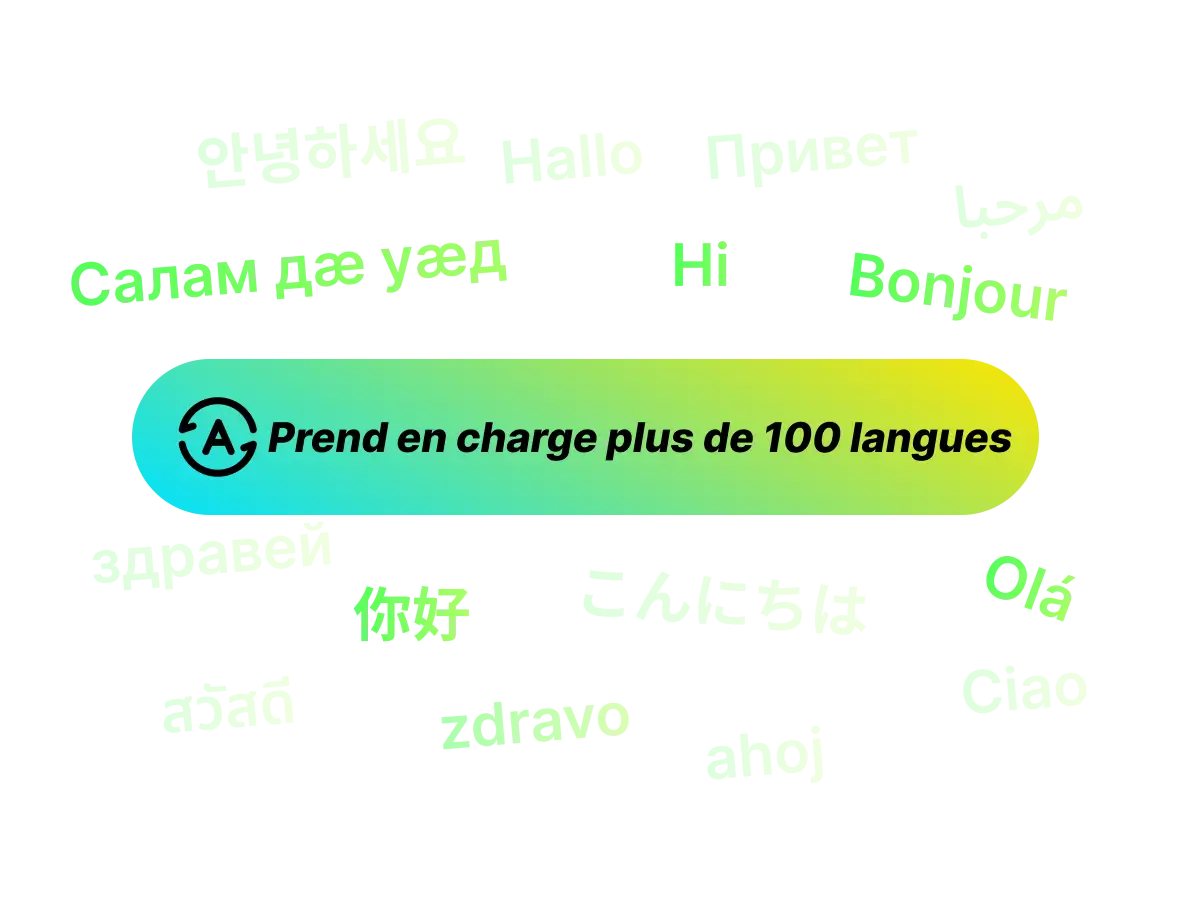 Texte 100+ langues entouré de salutations dans différentes langues et d icônes de globes, représentant les capacités de résumé multilingue de WayinVideo.